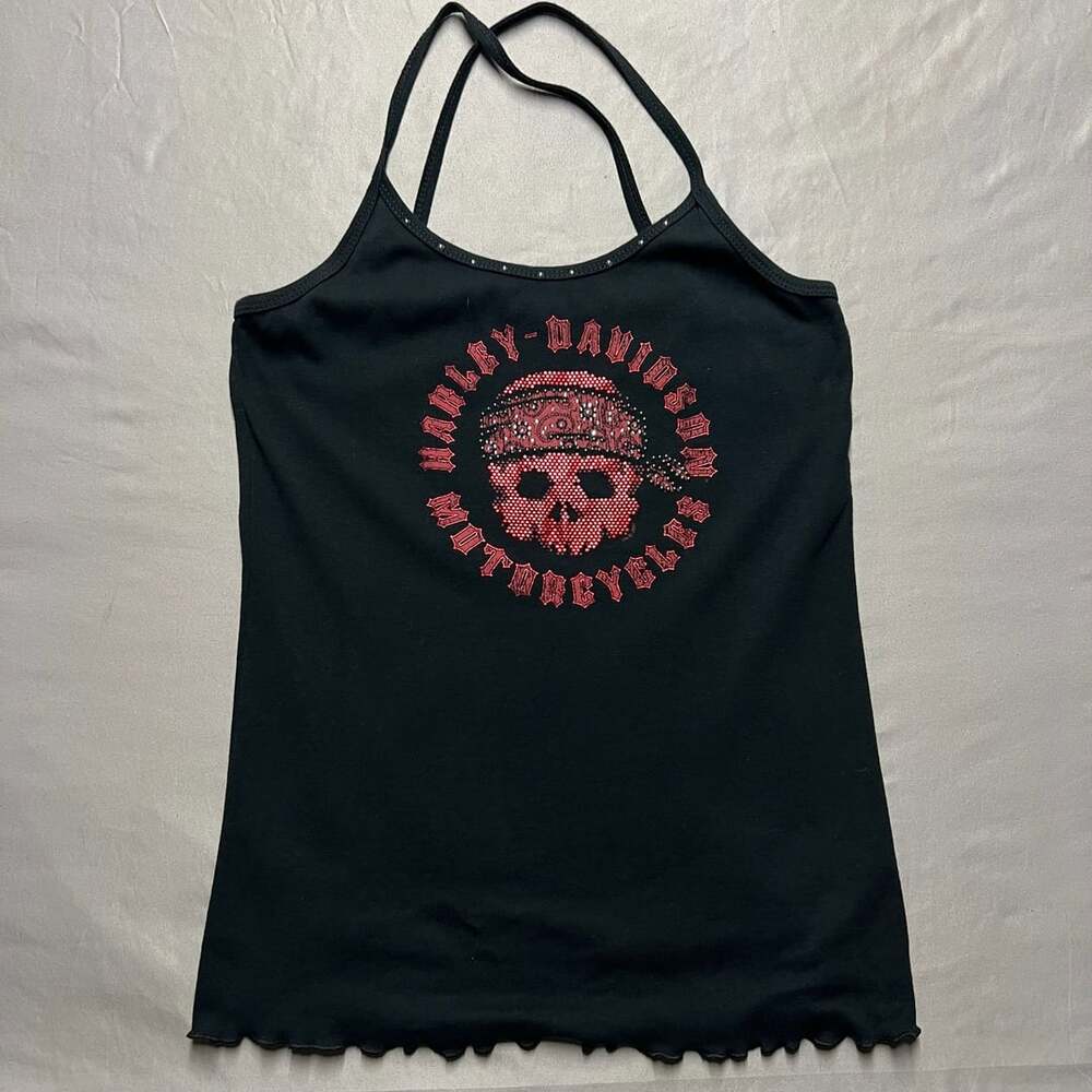 Harley-Davidson Red Rhinestone Skull Tank Top Black Monty's Cycle Shop Shirt